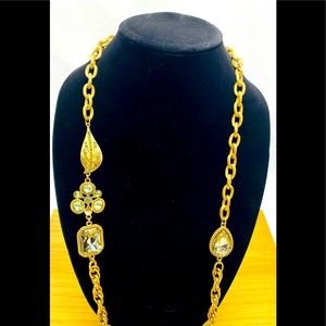 Gold tone and green long necklace
